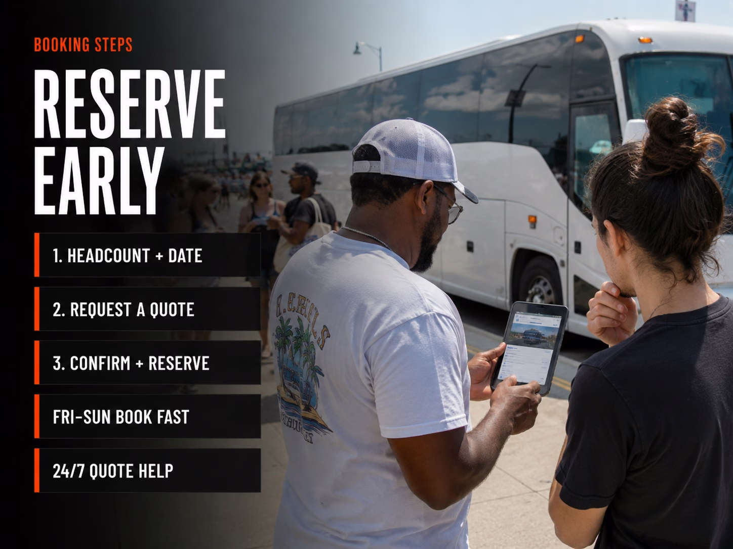 Booking process illustration for a Party Bus Virginia Beach ECSC charter
