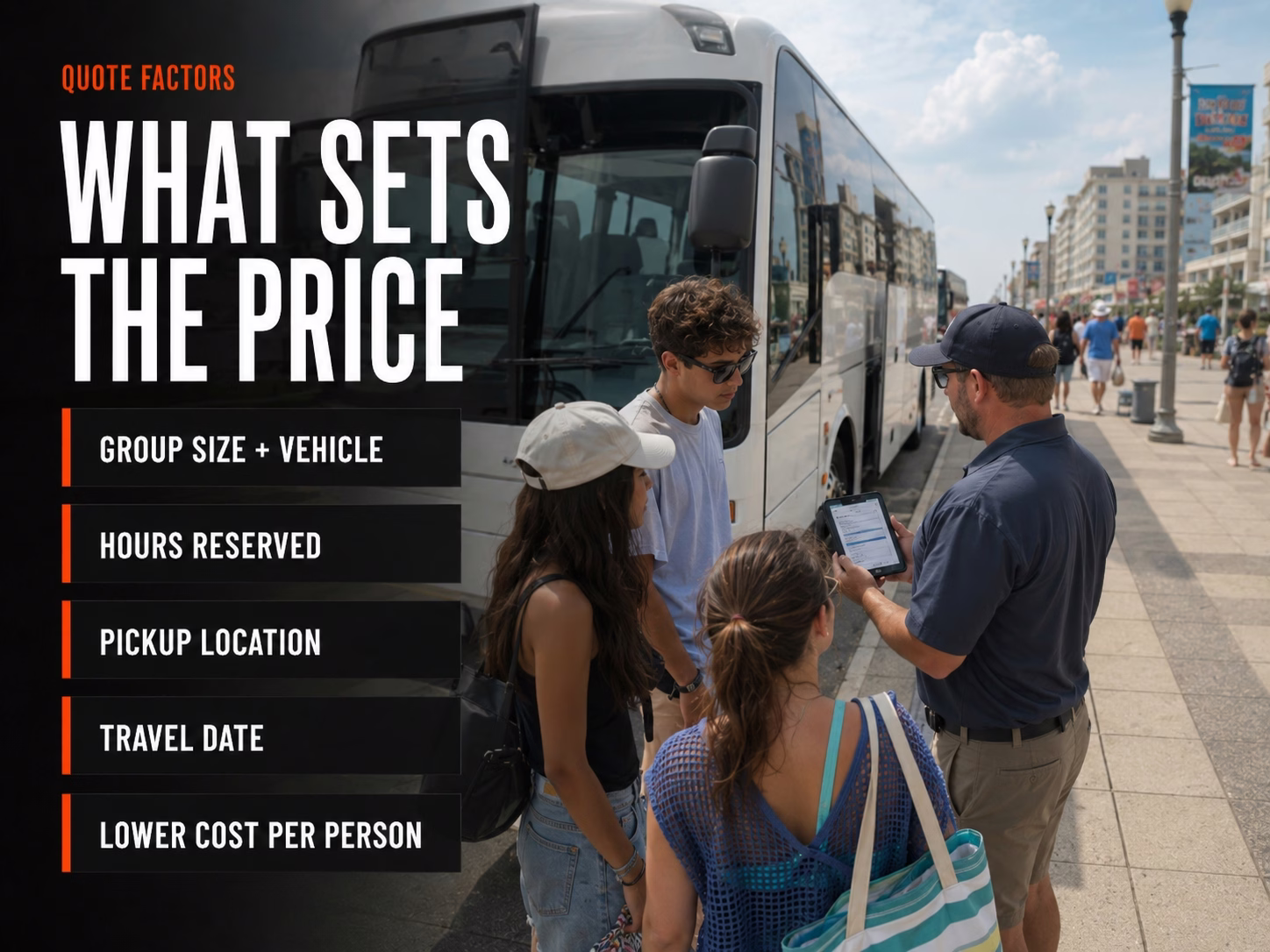 Group reviewing a charter bus quote for the ECSC in Virginia Beach