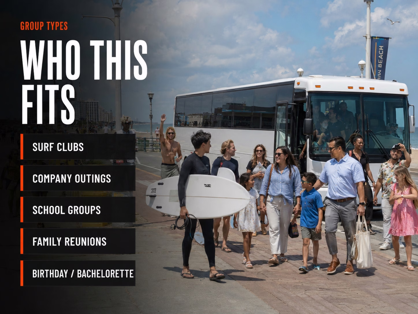 Various groups — surf crews, families, and company teams — boarding charter buses for the ECSC