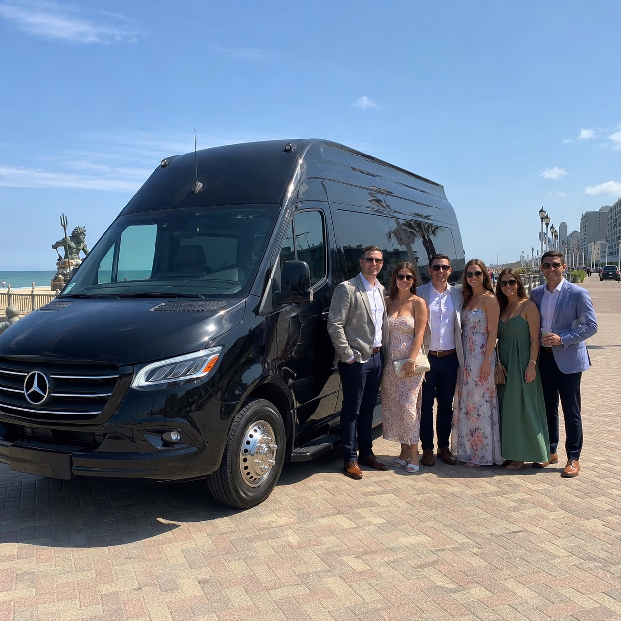 Group beside a Mercedes Sprinter limo from the Virginia Beach fleet at the beach