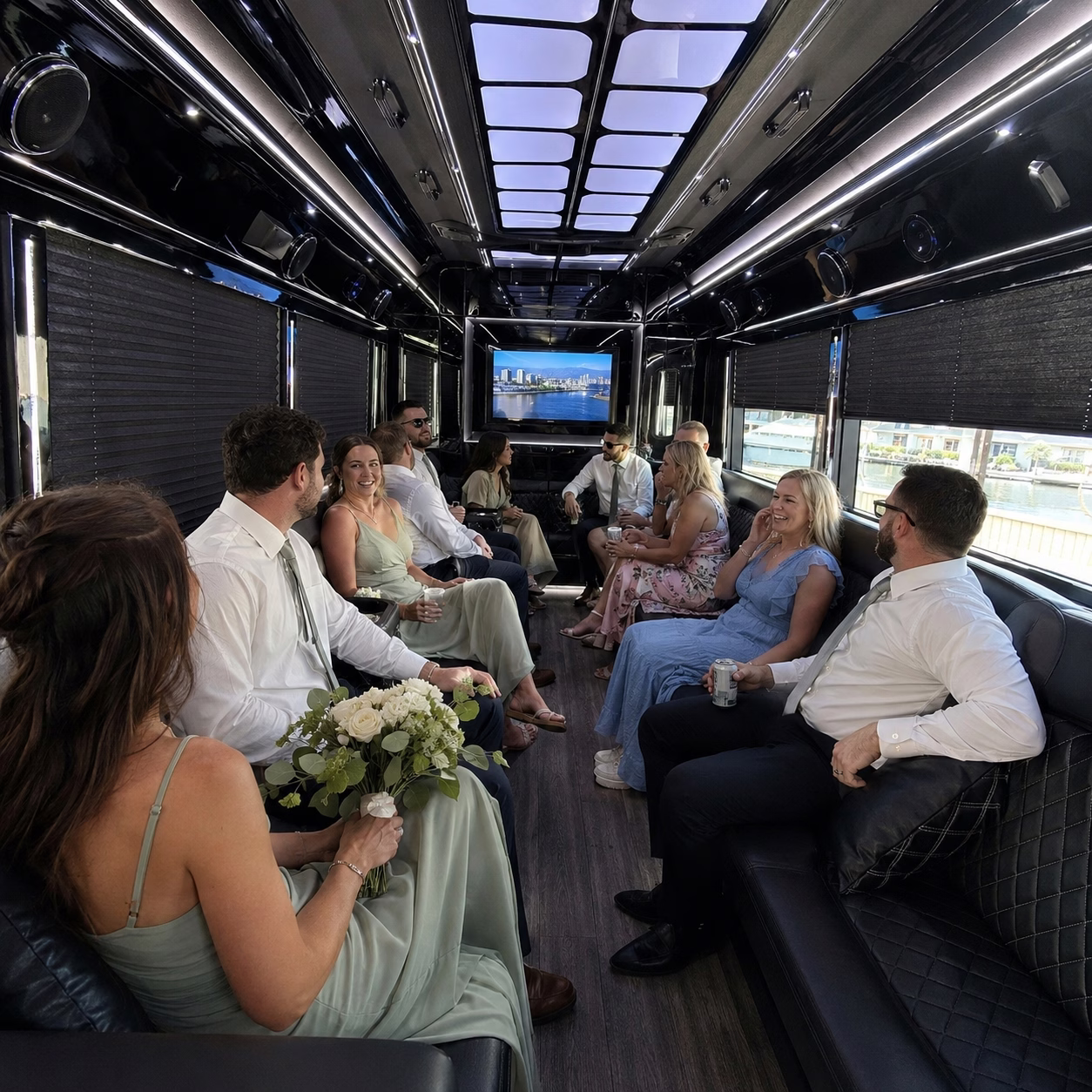 Wedding guests seated inside a Virginia Beach party bus