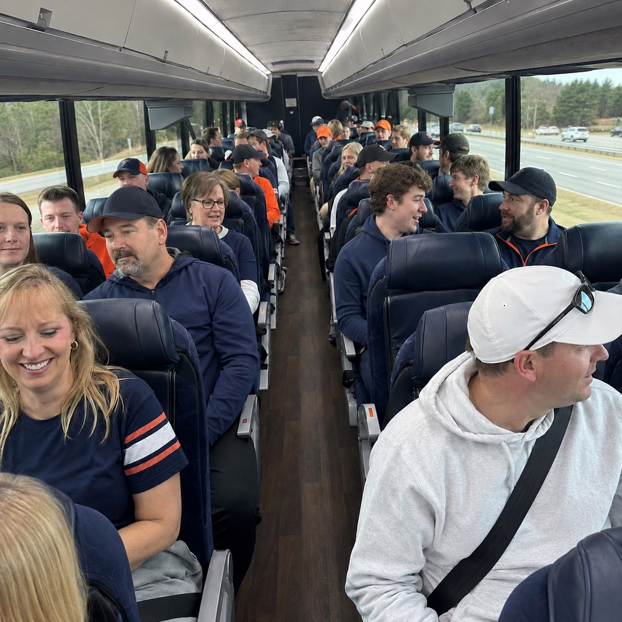 Passenger seating aboard a Virginia Beach party bus rental