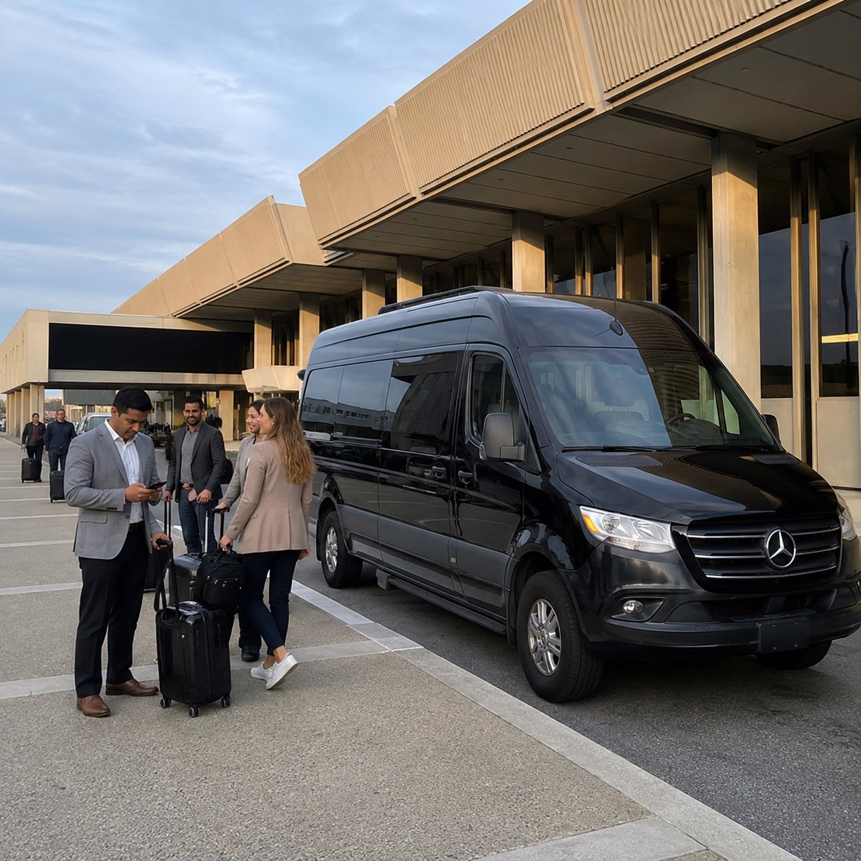 Black Mercedes Sprinter van and charter bus parked outside a Virginia Beach venue