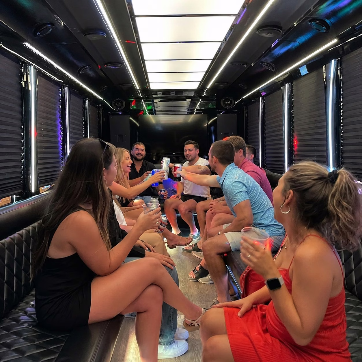 Wraparound seating inside a Virginia Beach party bus rental