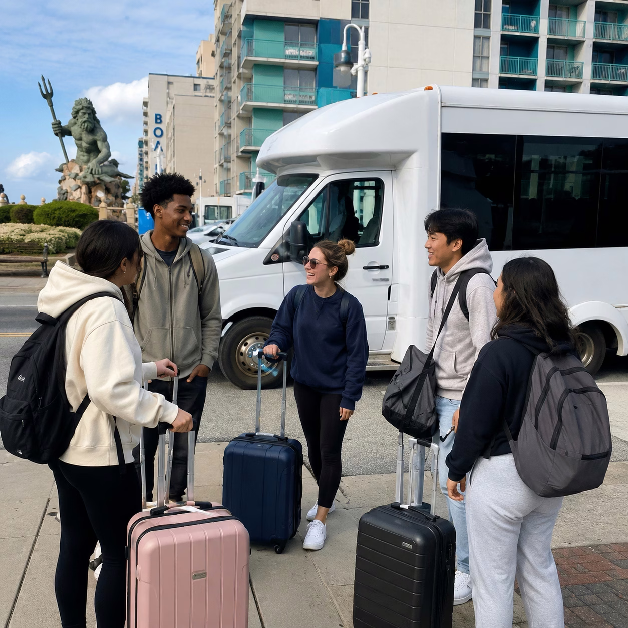 Passengers boarding a Virginia Beach minibus with luggage