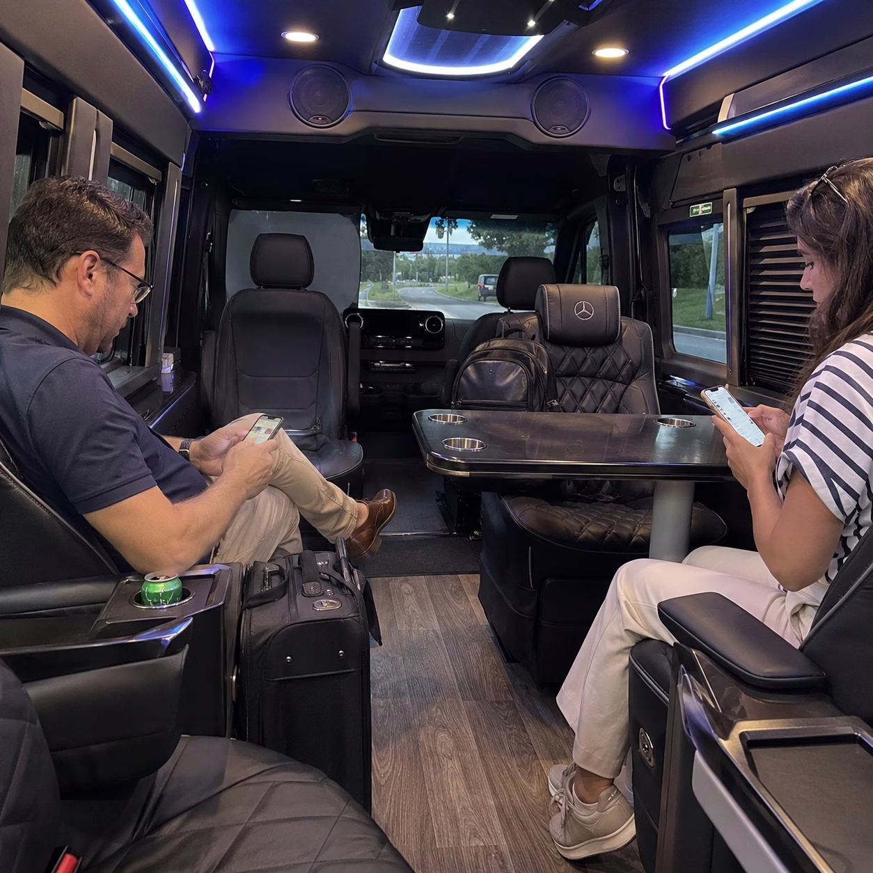 Interior of a Virginia Beach Sprinter van with luggage