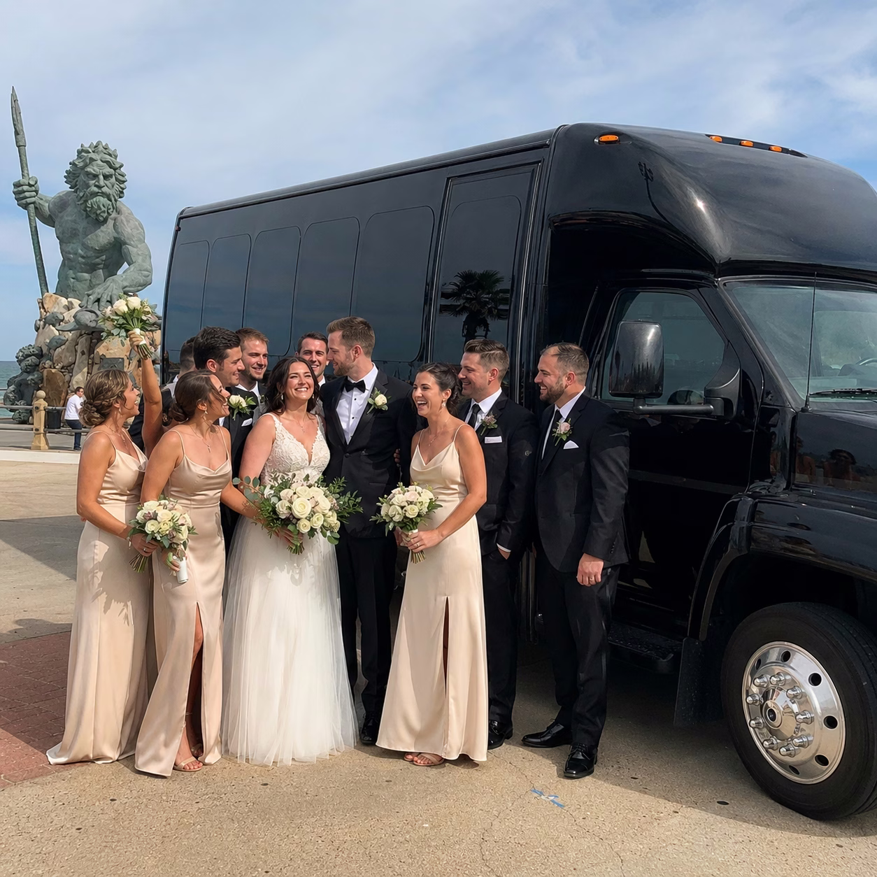 Virginia Beach wedding party bus shuttle ready for guests