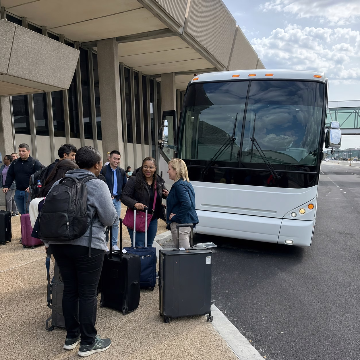 Airport transportation airport transportation charter bus exterior group at airport in Hampton Roads