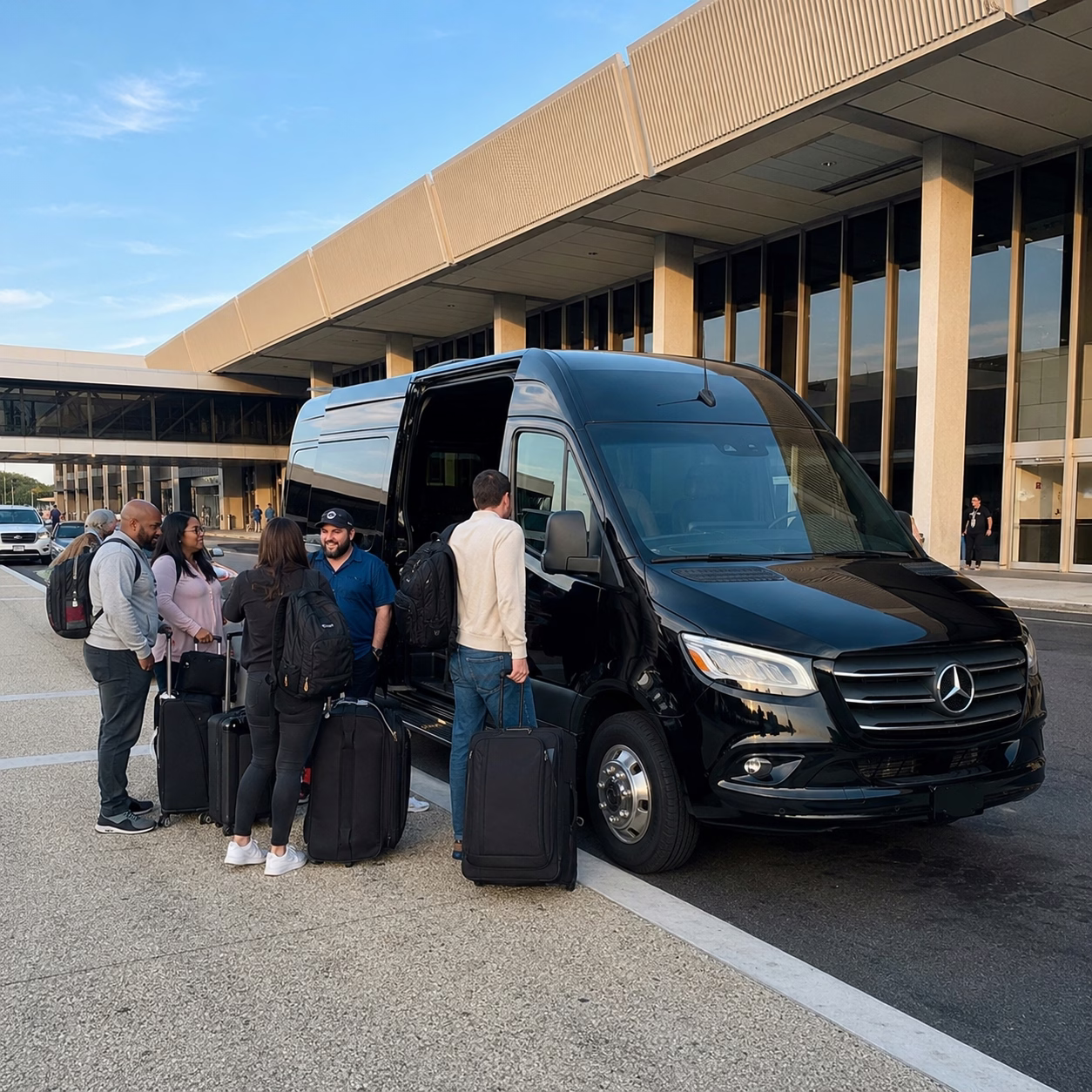 Airport transportation airport transportation sprinter van exterior group at airport 2 in Hampton Roads