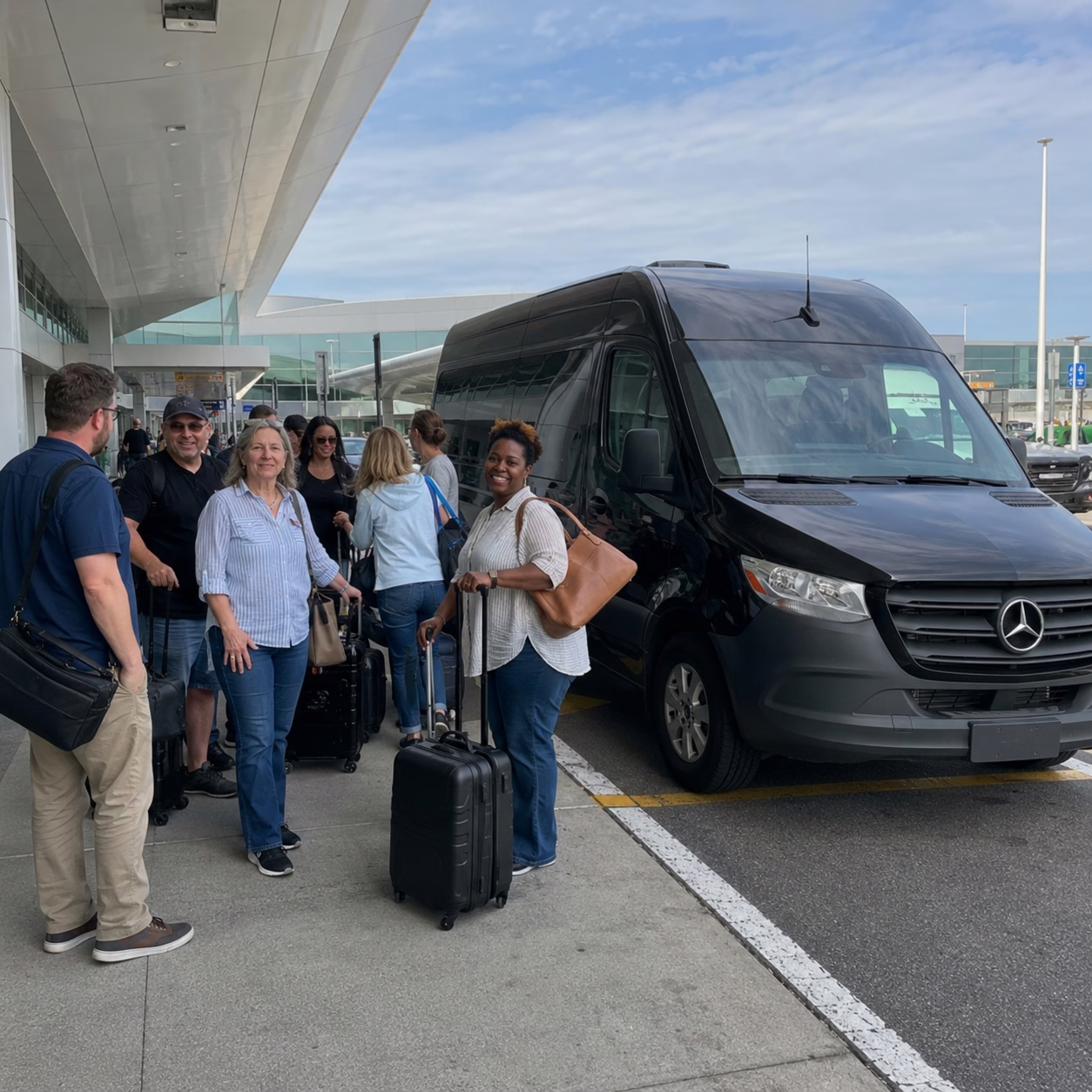 Airport transportation airport transportation sprinter van exterior group at airport 3 in Hampton Roads