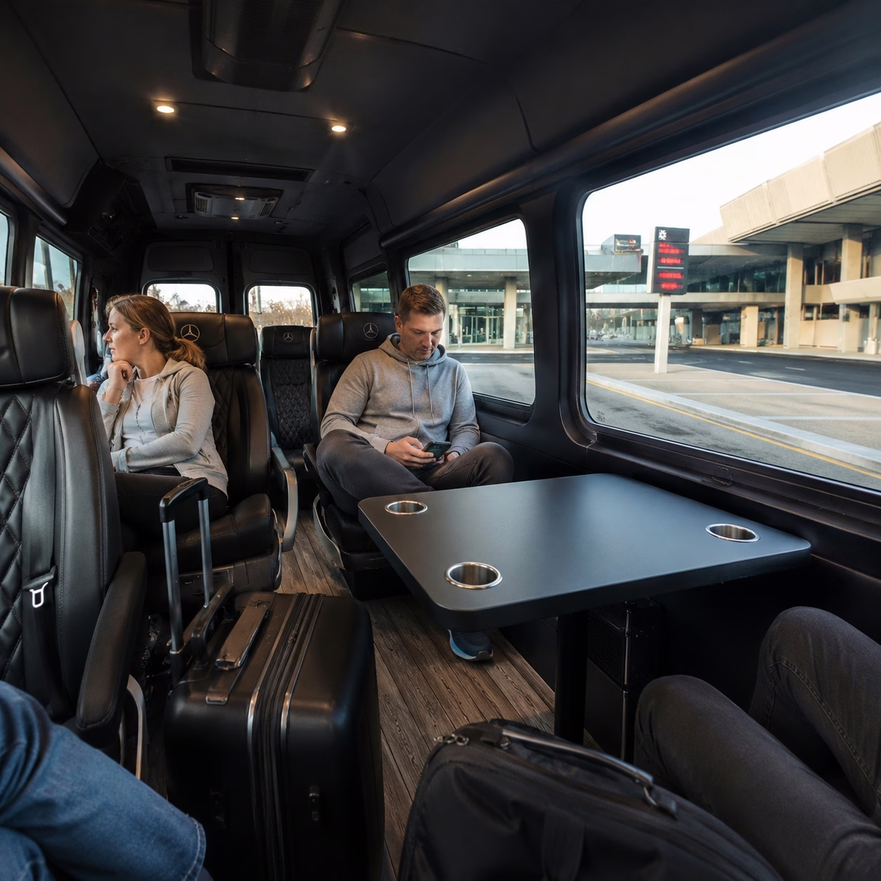Airport transportation airport transportation sprinter van interior passengers at airport in Hampton Roads