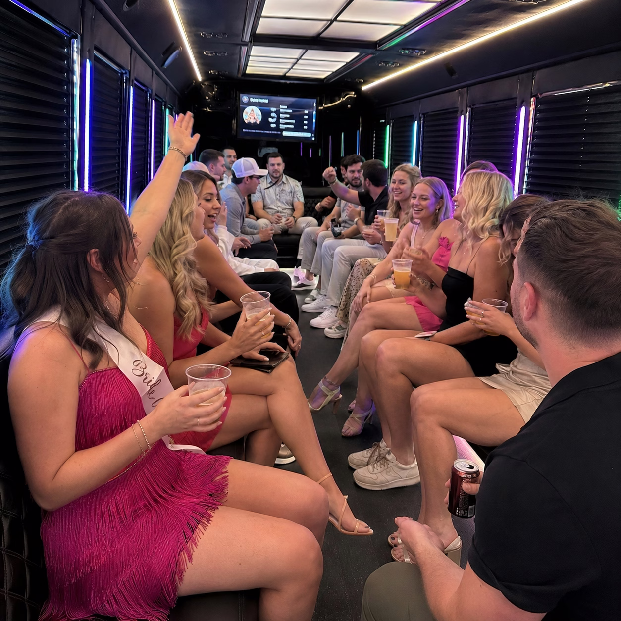 Bachelor bachelorette party bus bachelorette party bus party bus interior passengers brewery stop 2 in Hampton Roads