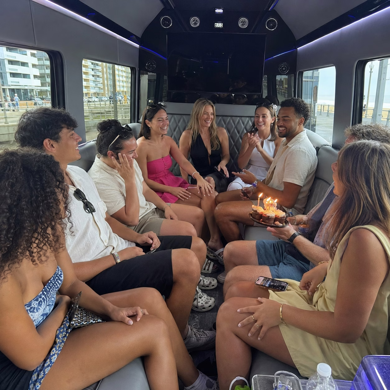 Birthday party bus birthday party bus charter bus interior passengers birthday in Hampton Roads