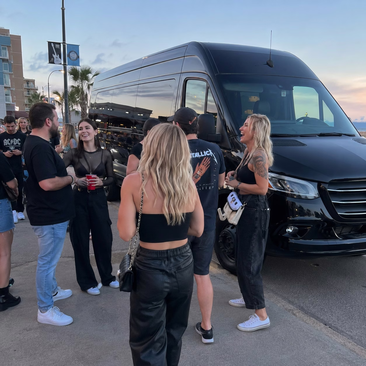 Corporate event party bus corporate event transportation sprinter van interior passengers corporate trip in Hampton Roads