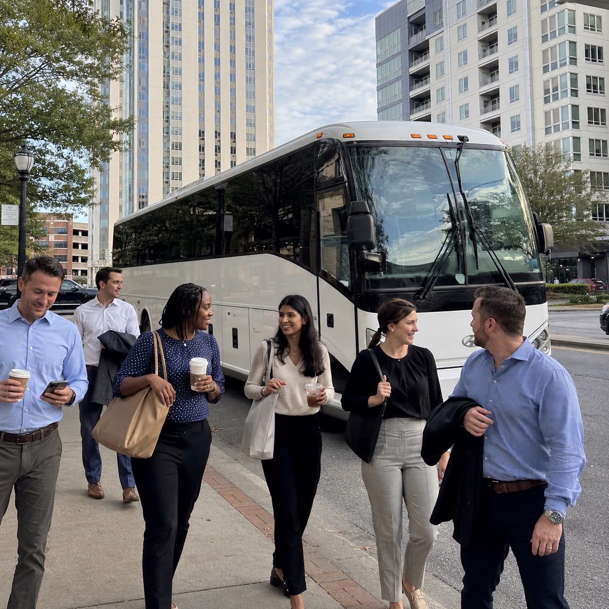 Corporate group boarding a charter bus in Virginia Beach