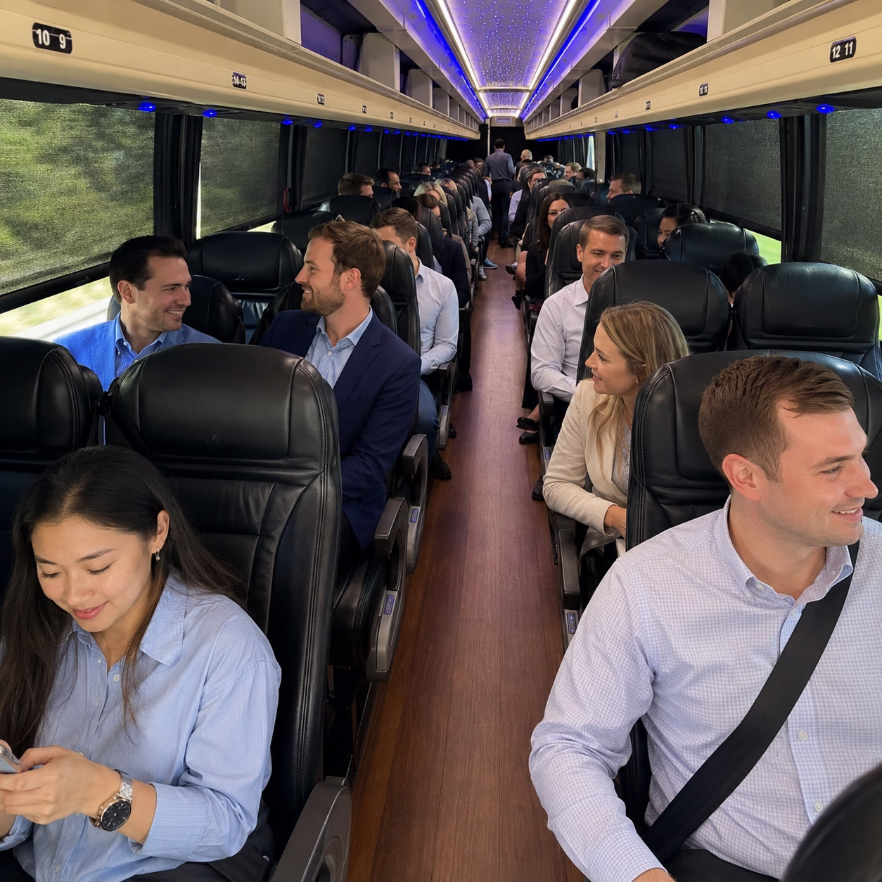 Corporate event party bus corporate event transportation charter bus interior passengers corporate trip in Hampton Roads