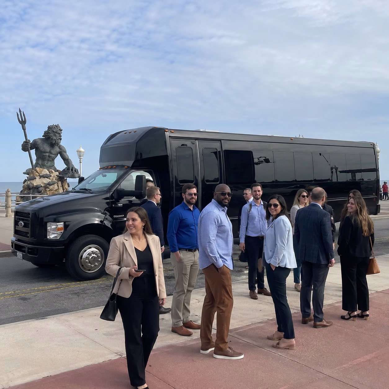 Corporate event party bus corporate event transportation party bus exterior group corporate trip in Hampton Roads