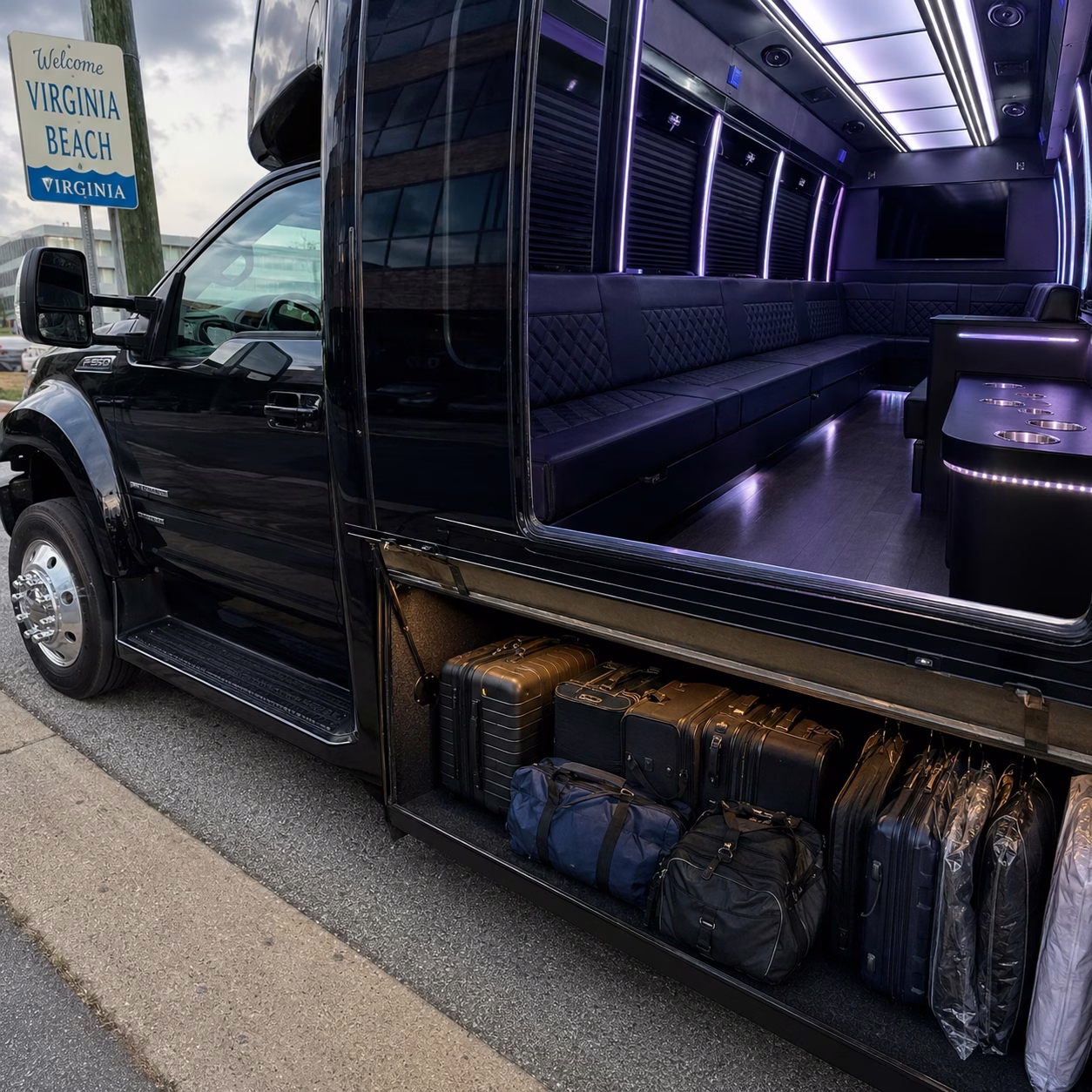 Corporate event party bus corporate event transportation party bus luggage bay in Hampton Roads