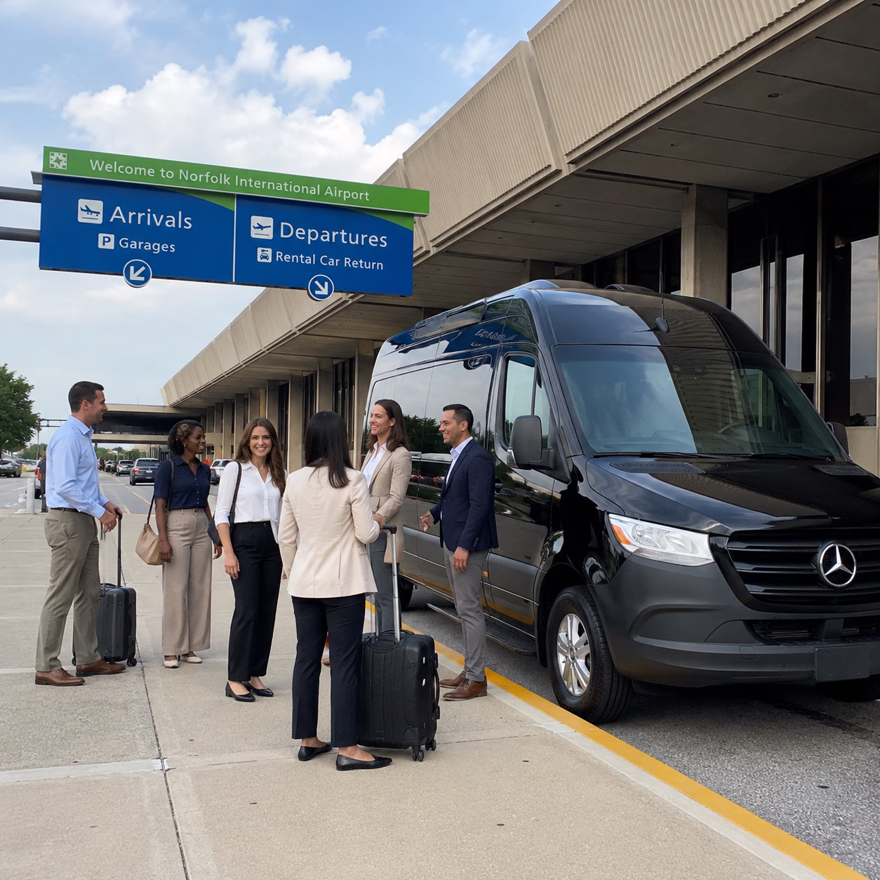 Corporate event party bus corporate event transportation sprinter van exterior group at airport in Hampton Roads