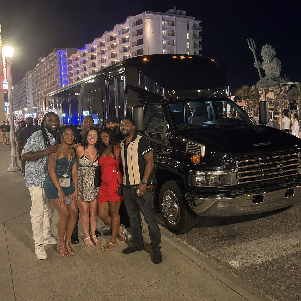 Private event party bus private event transportation party bus exterior group night out in Hampton Roads