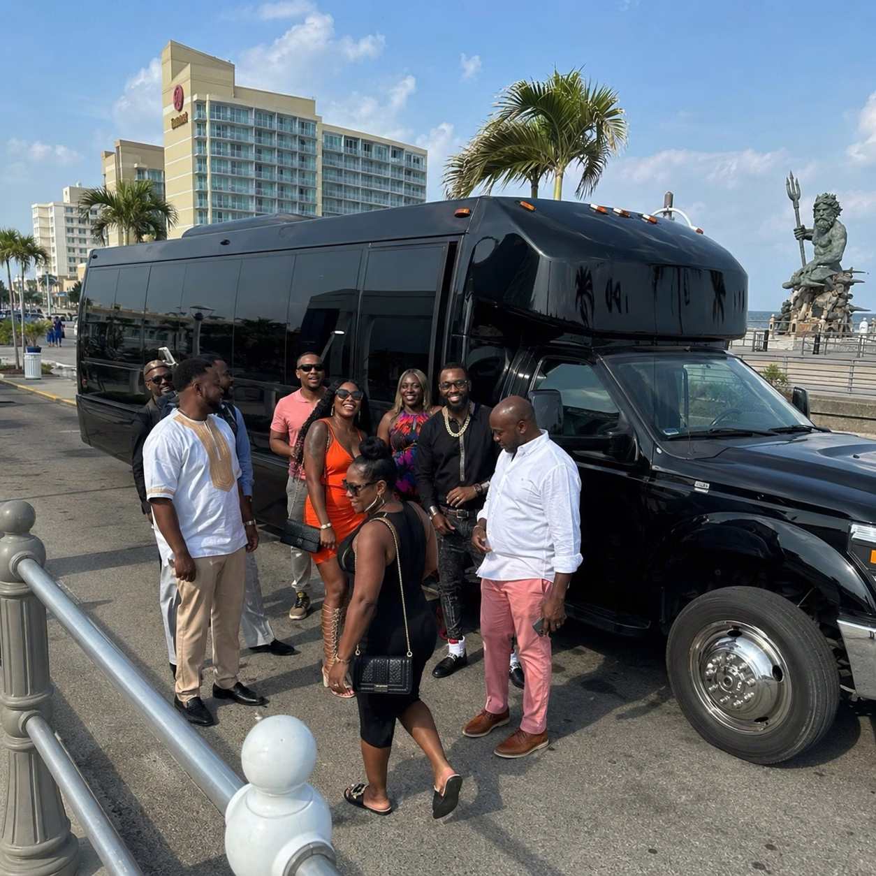 Private event party bus private event transportation party bus exterior group in Hampton Roads