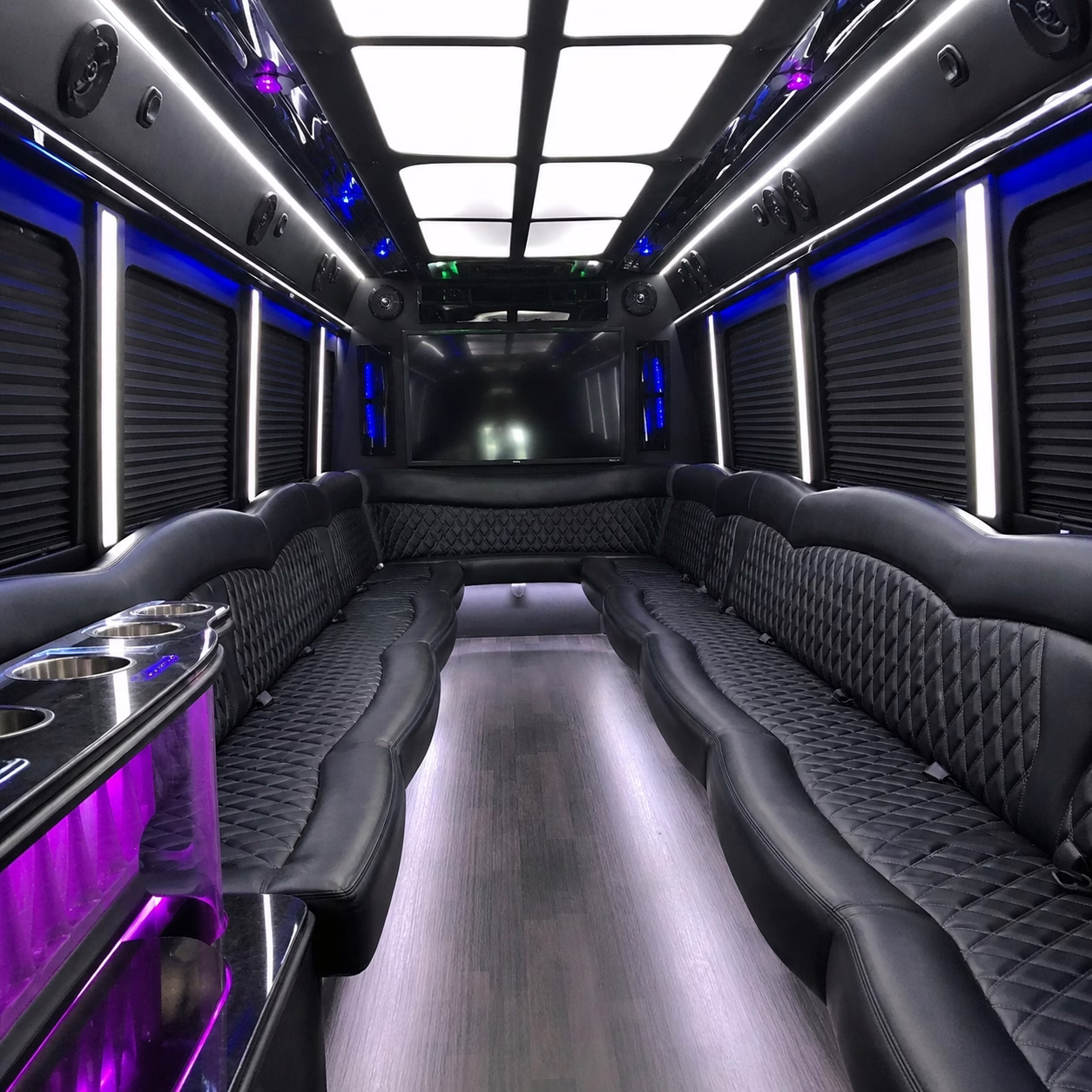 Private event party bus private event transportation party bus interior detail in Hampton Roads