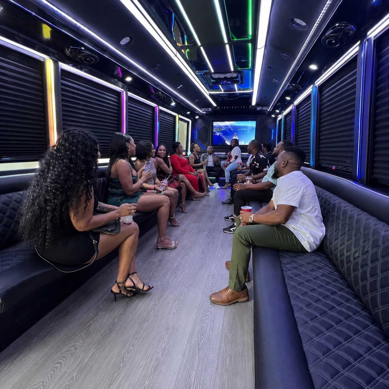 Private event party bus private event transportation party bus interior passengers 2 in Hampton Roads