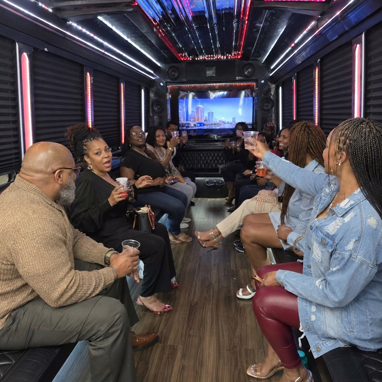 Private event party bus private event transportation party bus interior passengers in Hampton Roads