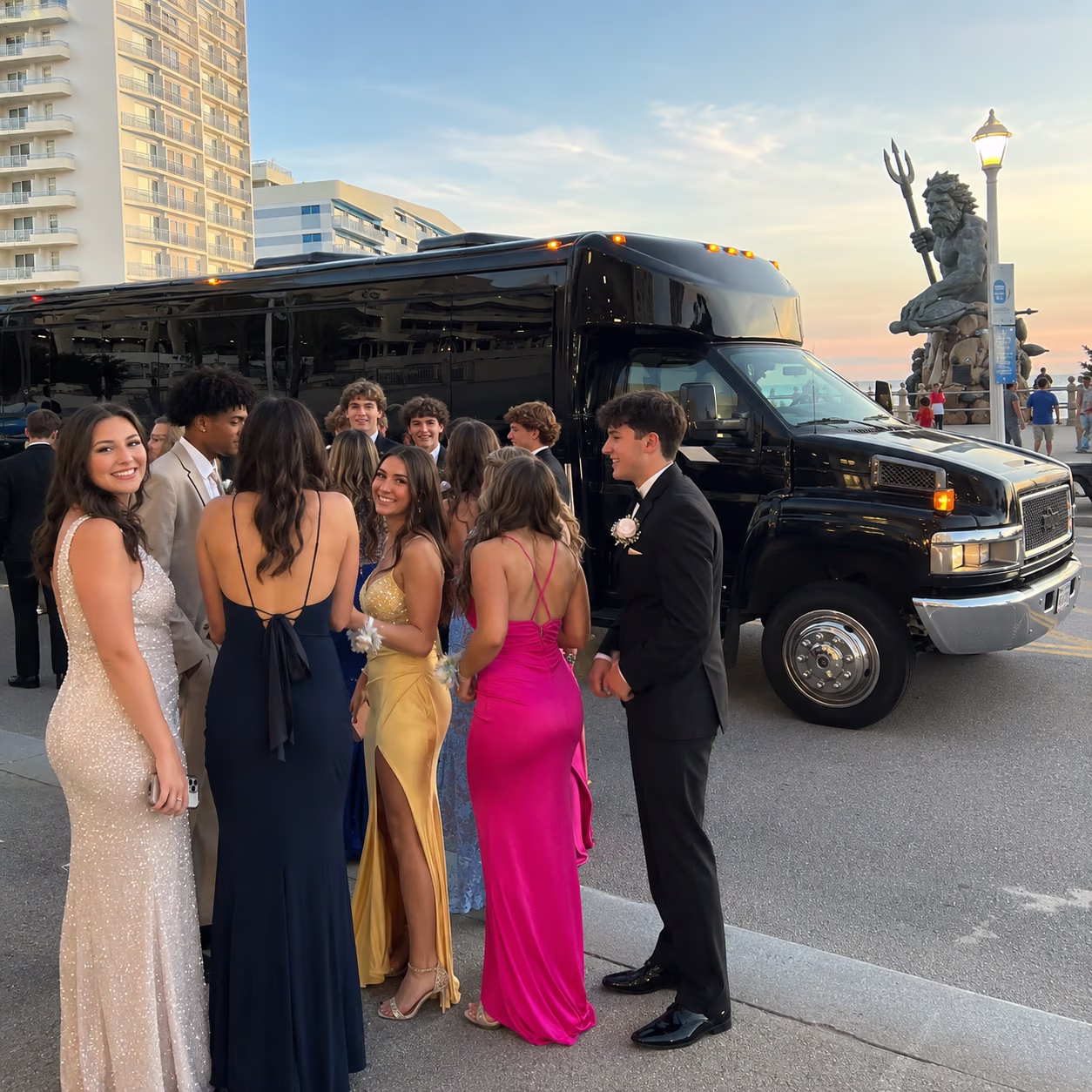 Prom party bus prom party bus party bus exterior group prom night in Hampton Roads