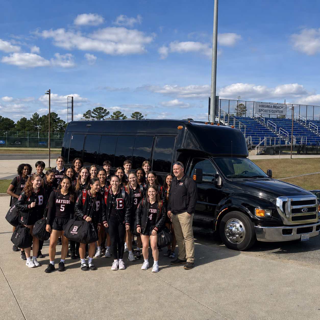 School event bus rental school event bus party bus exterior group in Hampton Roads