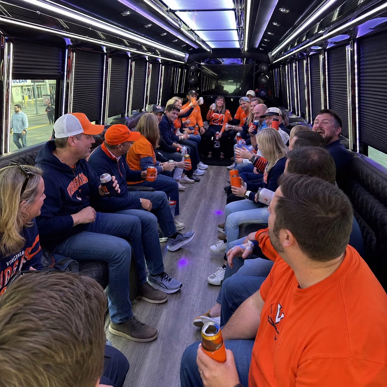 Sporting event party bus sporting event bus minibus interior passengers in Hampton Roads
