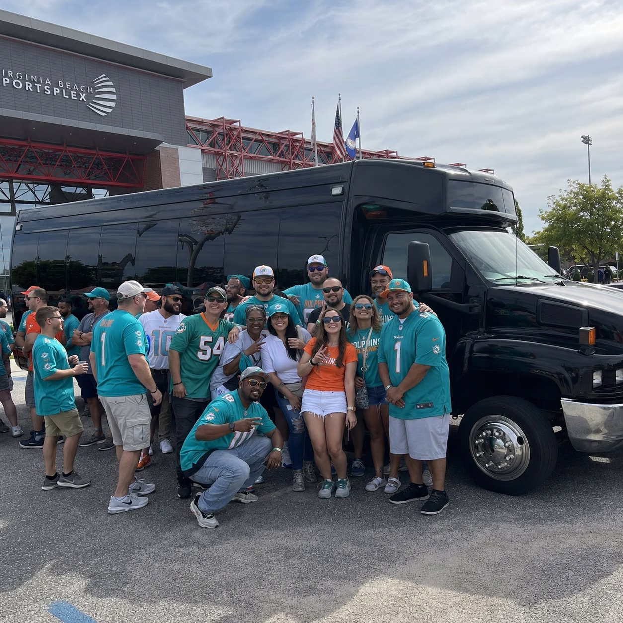 Sporting event party bus sporting event bus party bus exterior group game day in Hampton Roads