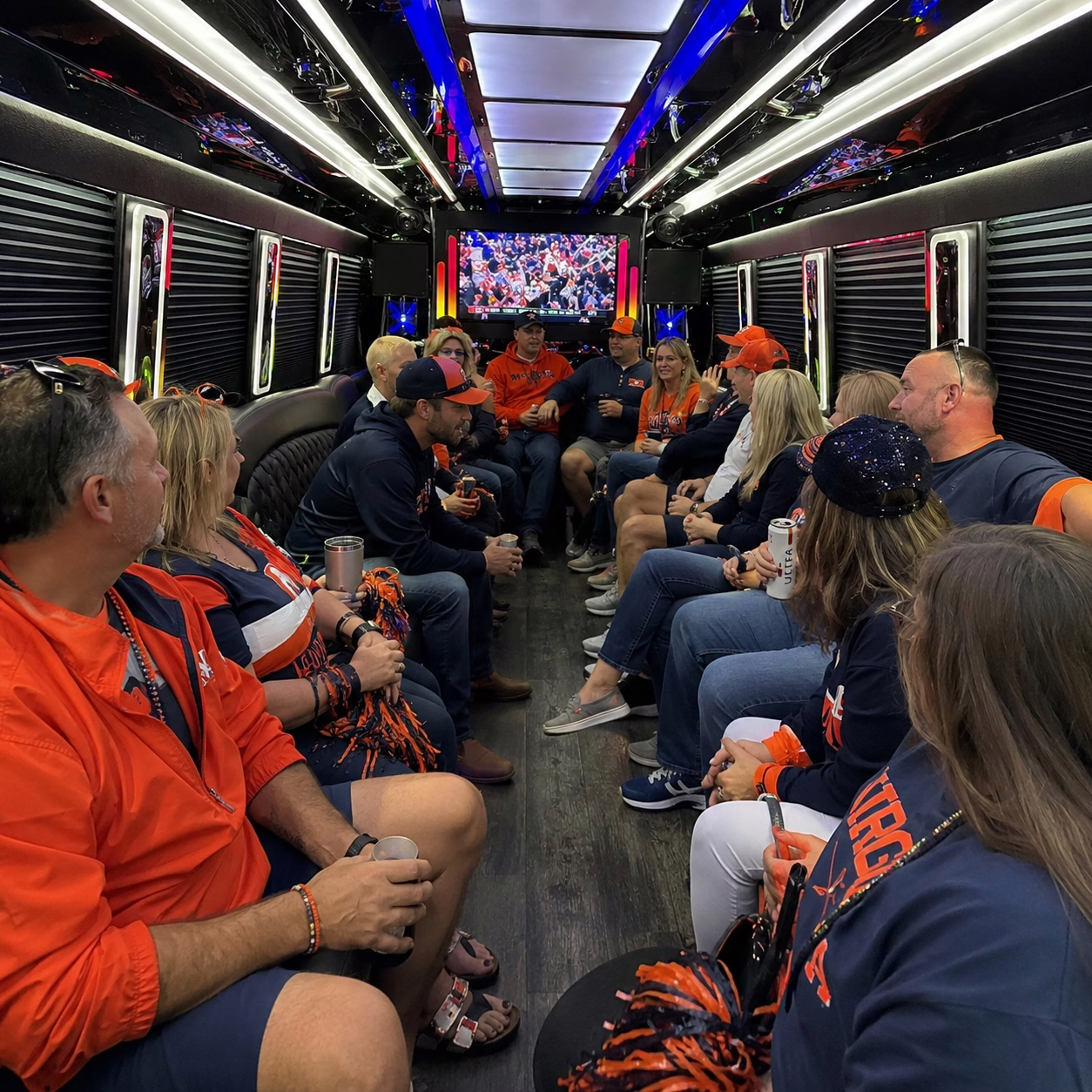 Sporting event party bus sporting event bus party bus interior passengers 3 in Hampton Roads