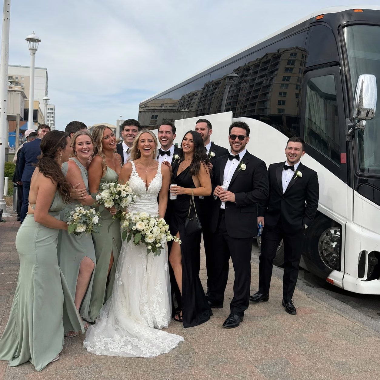 Wedding transportation charter bus exterior group 2 in Hampton Roads