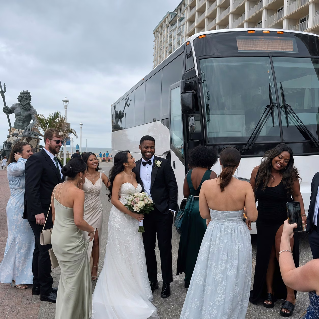 Wedding transportation charter bus exterior group in Hampton Roads