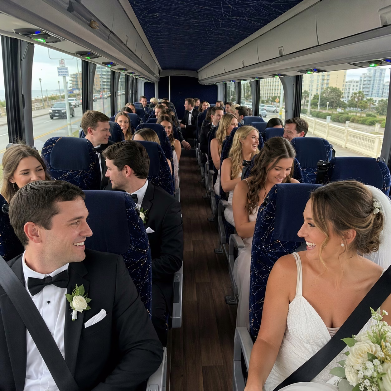 Wedding transportation charter bus interior passengers in Hampton Roads
