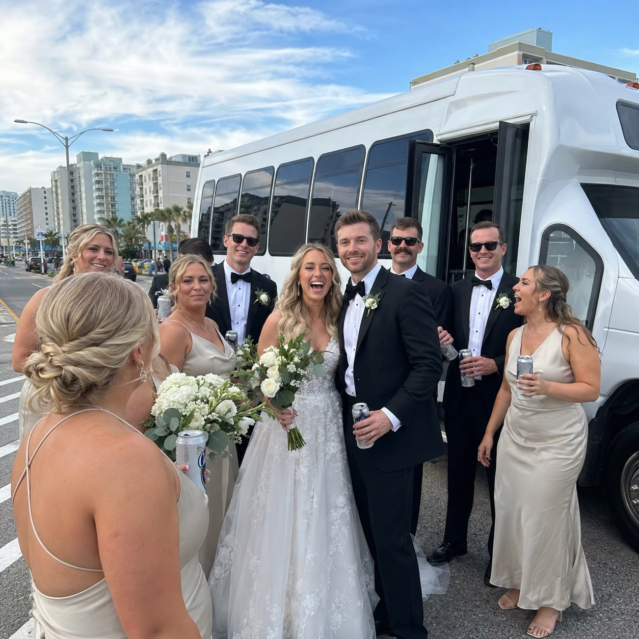 Wedding transportation minibus exterior group in Hampton Roads