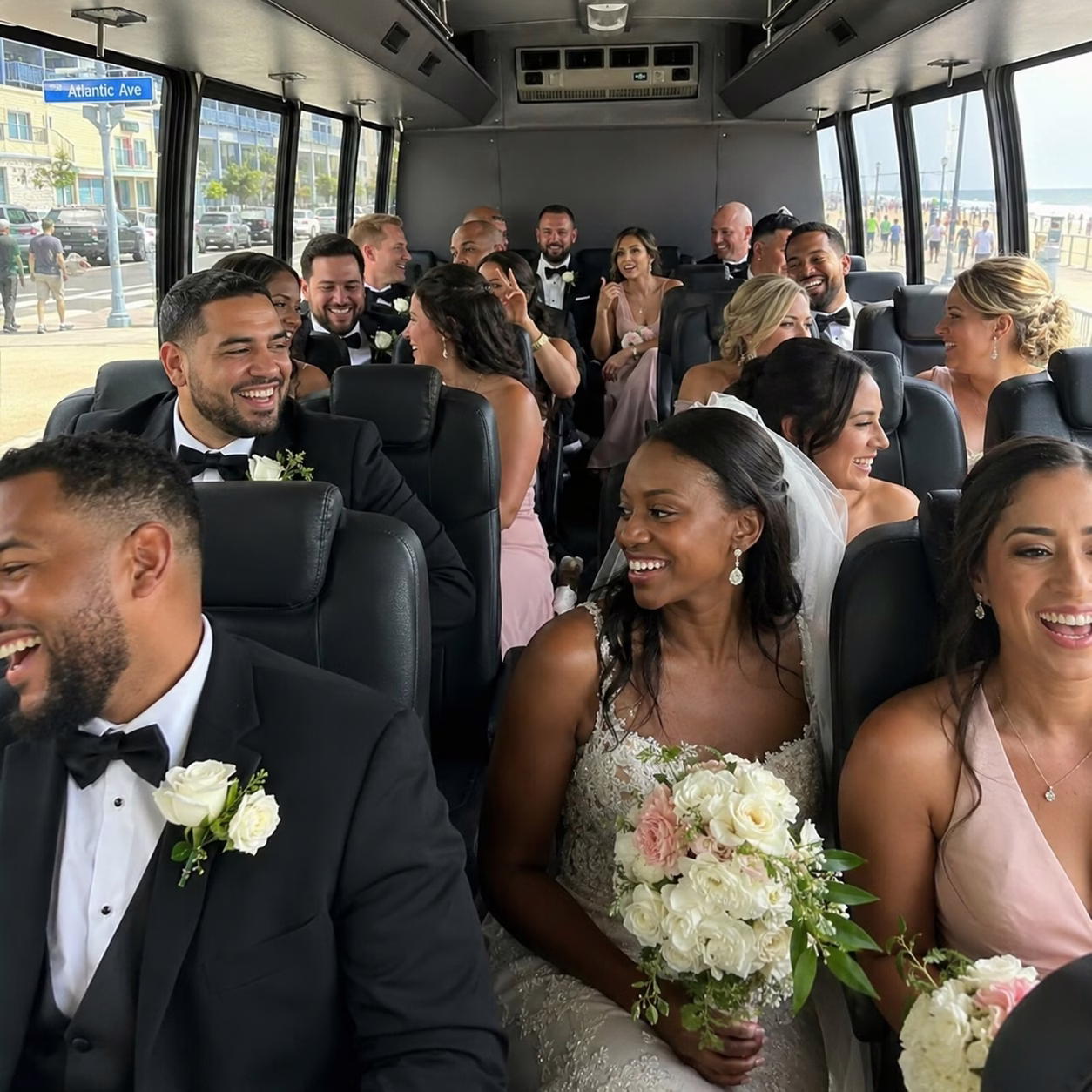 Wedding transportation minibus interior passengers in Hampton Roads