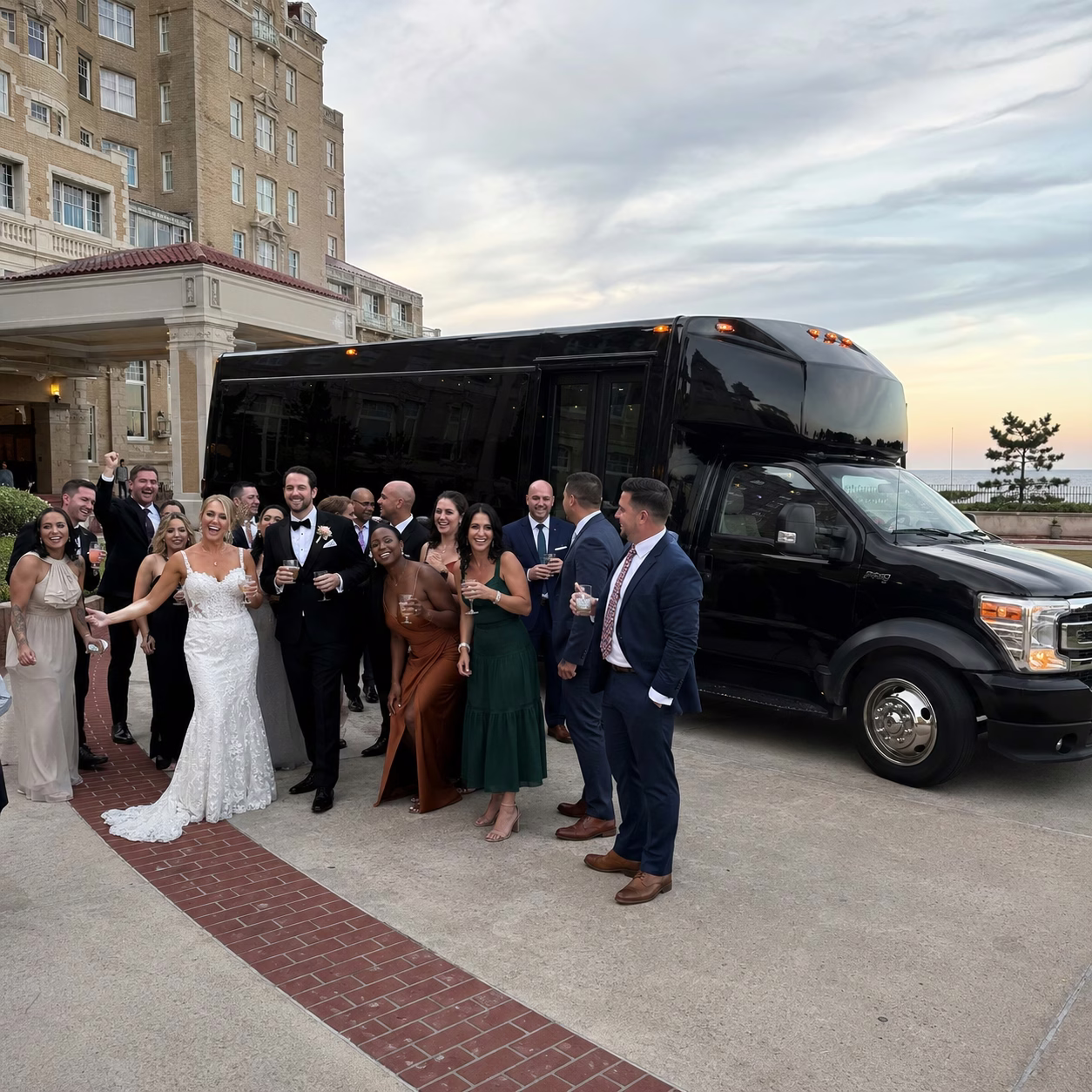Wedding transportation party bus exterior group 2 in Hampton Roads