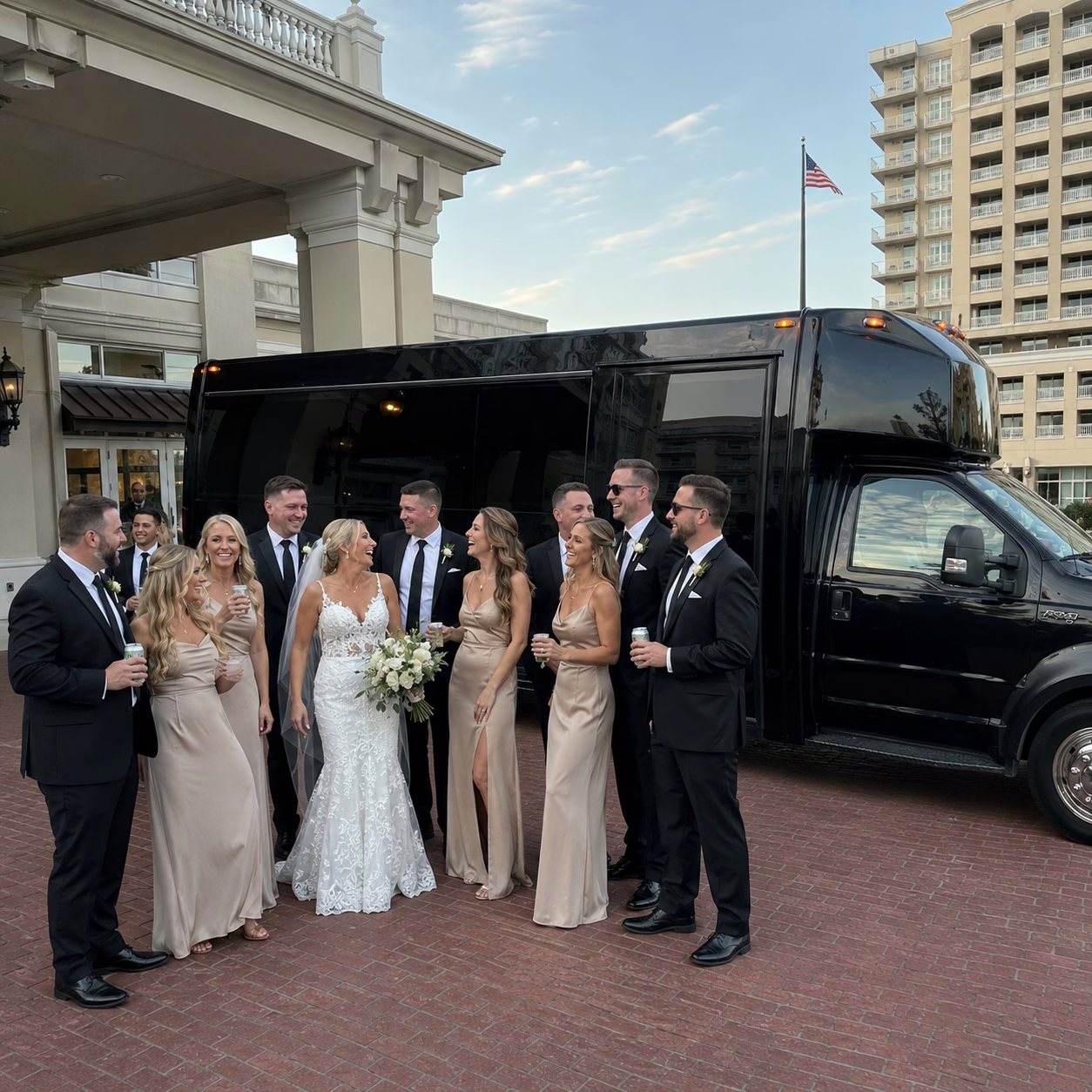 Wedding transportation party bus exterior group 3 in Hampton Roads