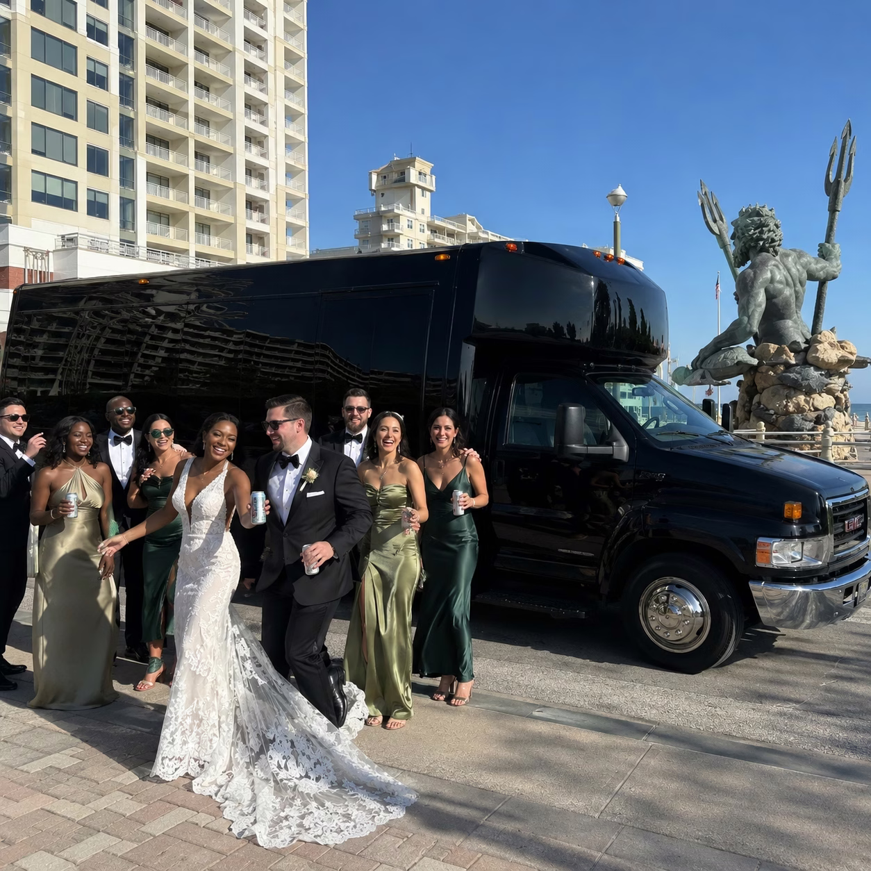 Wedding transportation party bus ceremony to reception 2 in Hampton Roads