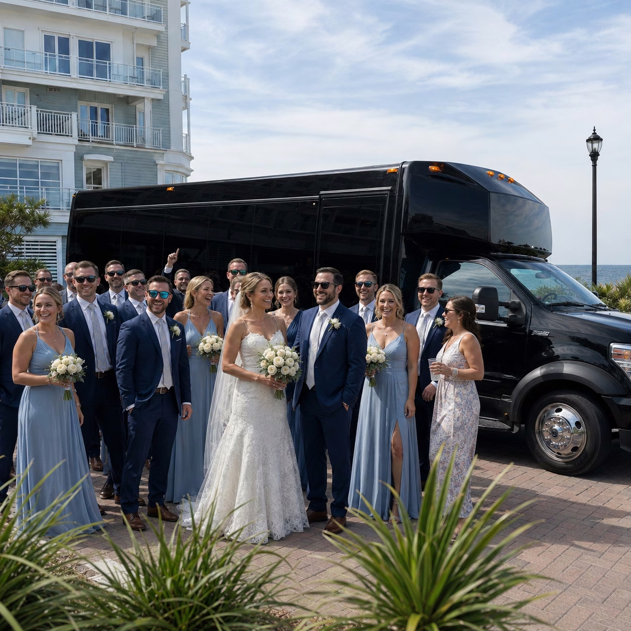 Wedding transportation party bus ceremony to reception in Hampton Roads