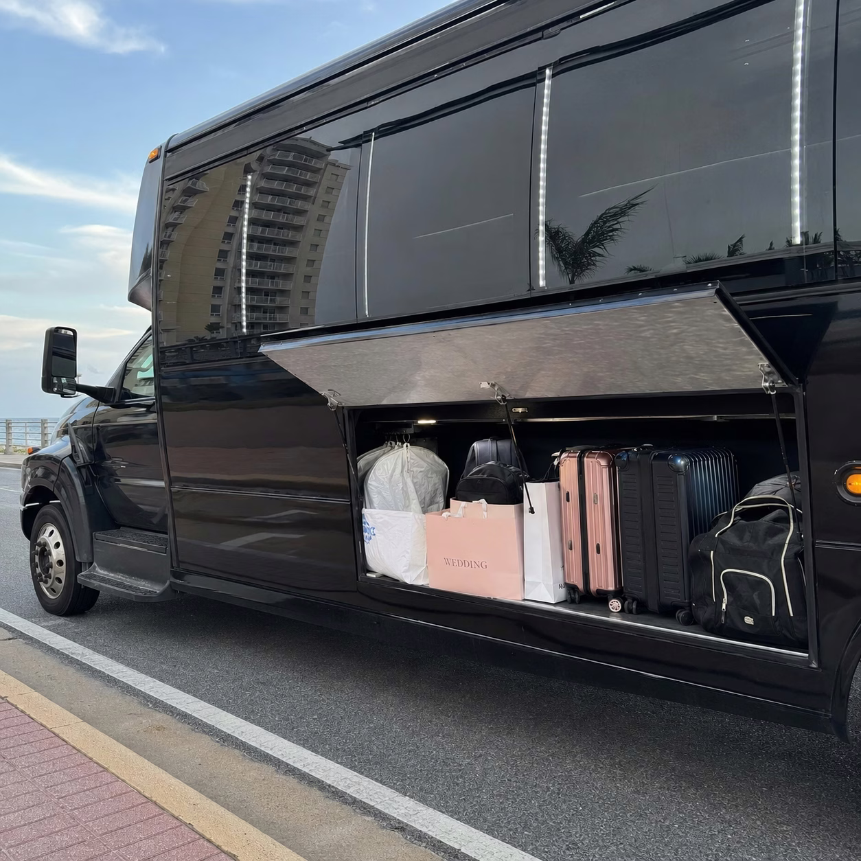Wedding transportation party bus luggage bay in Hampton Roads