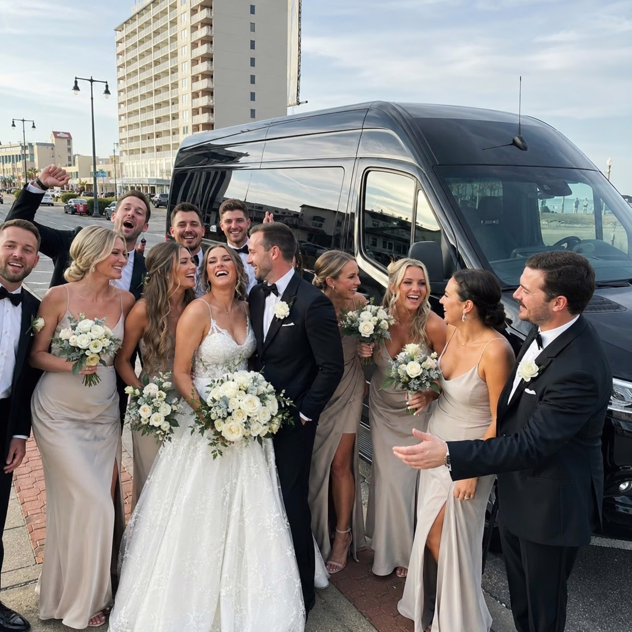 Wedding transportation sprinter van exterior group in Hampton Roads