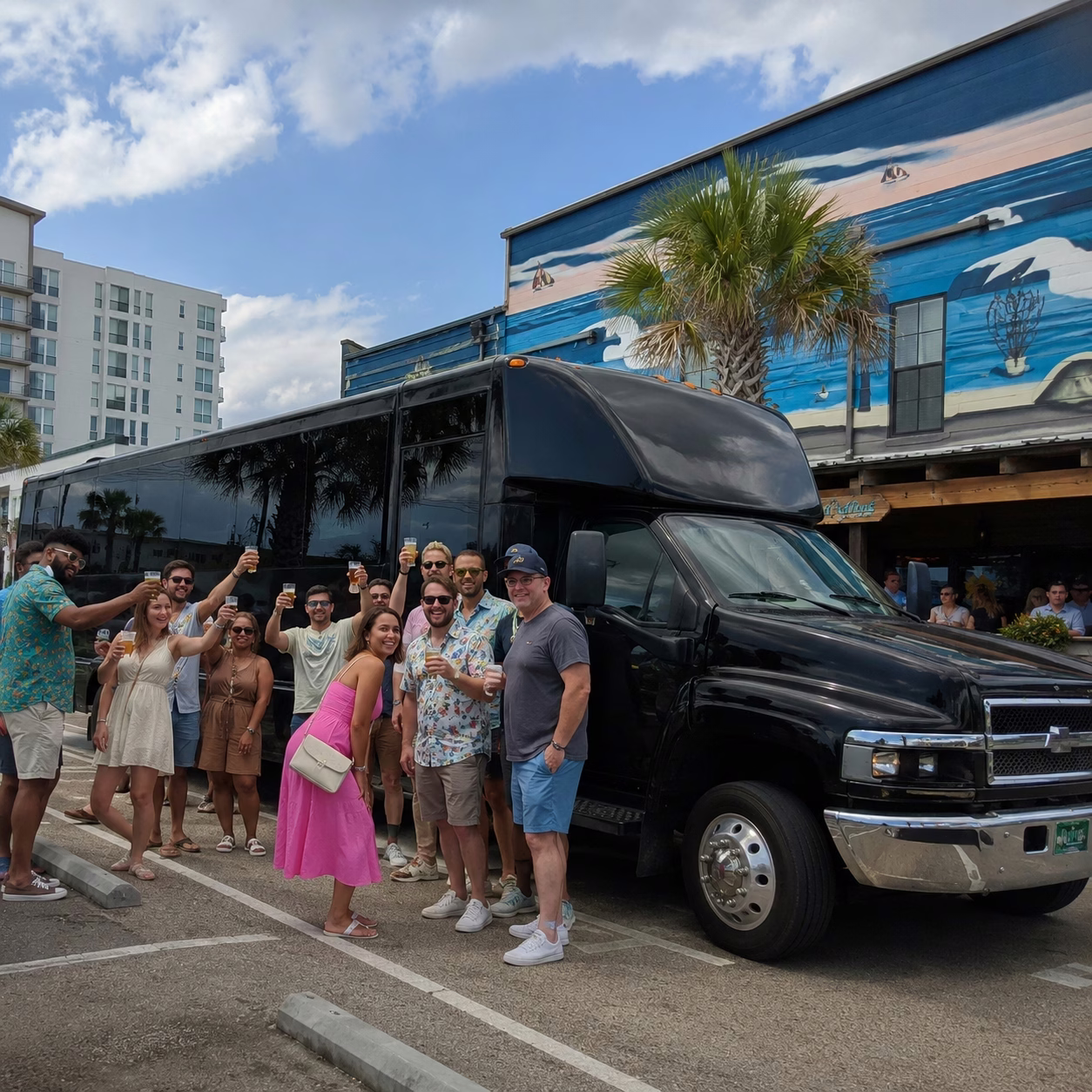 Winery tour pub crawl party bus winery tour party bus party bus exterior group brewery stop in Hampton Roads