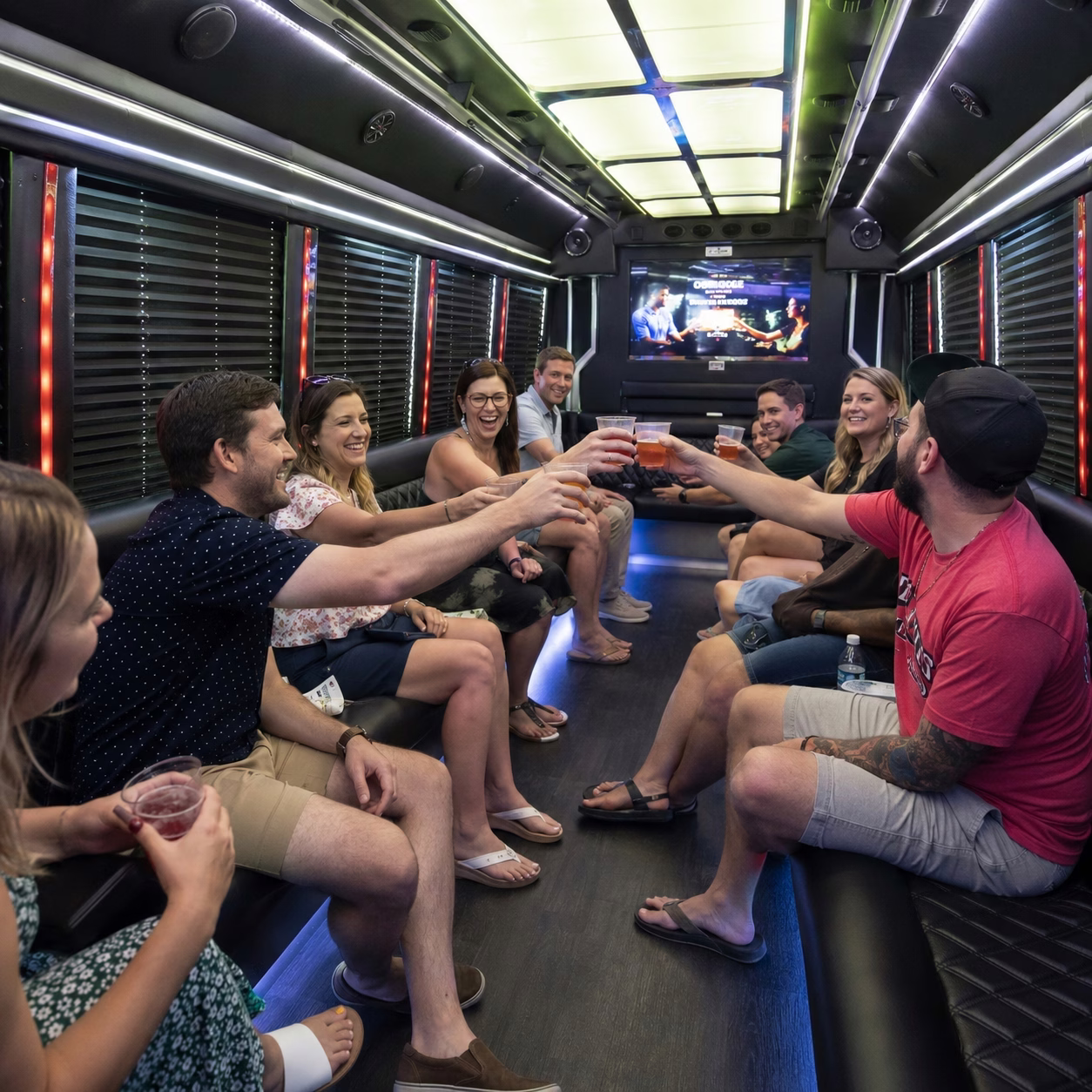 Winery tour pub crawl party bus winery tour party bus party bus interior passengers brewery stop 2 in Hampton Roads