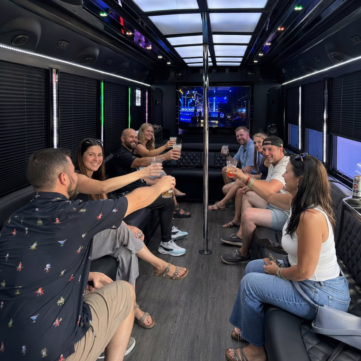 Winery tour pub crawl party bus winery tour party bus party bus interior passengers brewery stop 3 in Hampton Roads