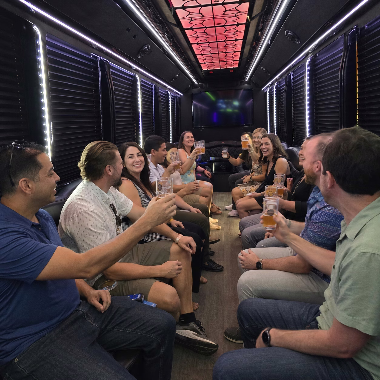 Winery tour pub crawl party bus winery tour party bus party bus interior passengers brewery stop 4 in Hampton Roads