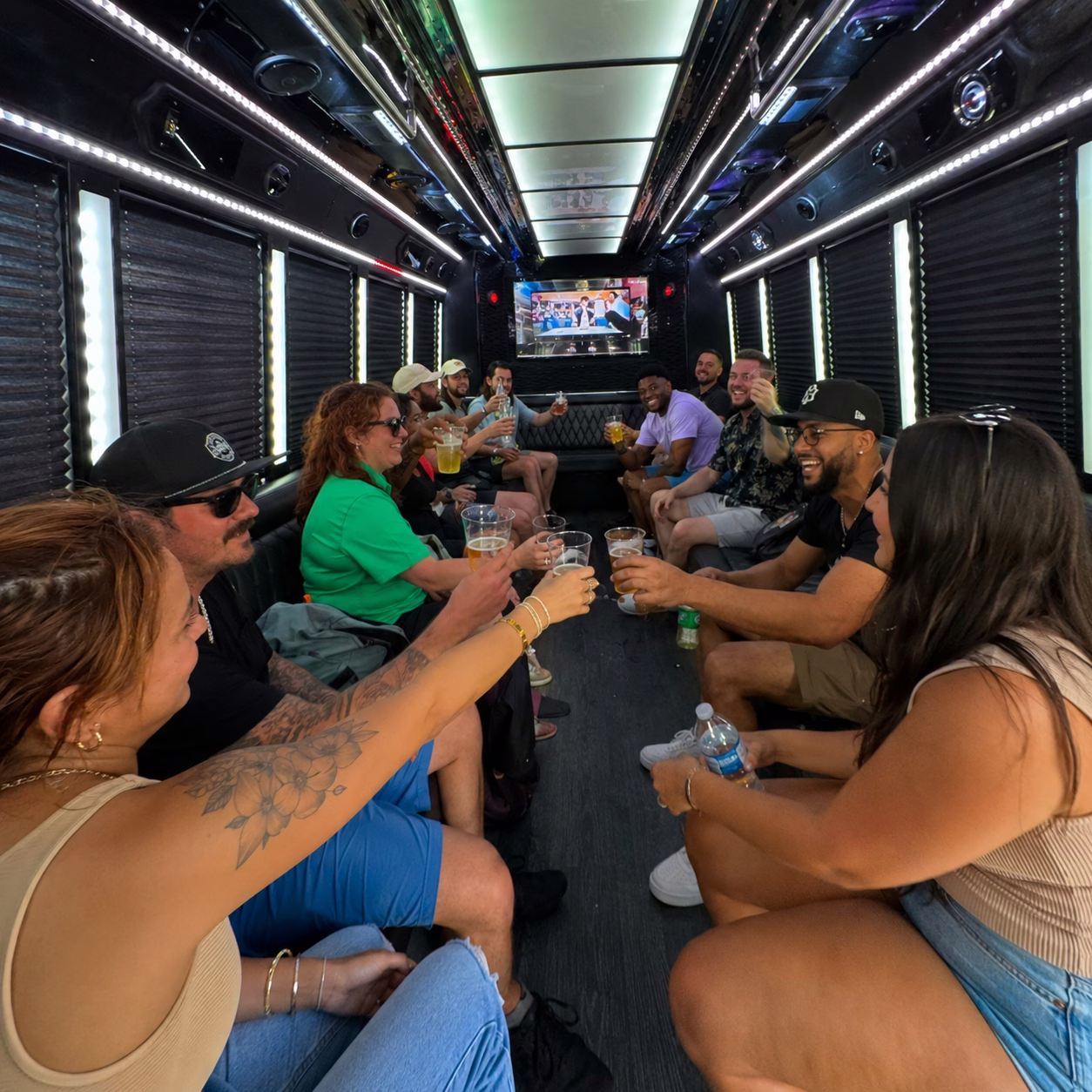 Winery tour pub crawl party bus winery tour party bus party bus interior passengers brewery stop in Hampton Roads