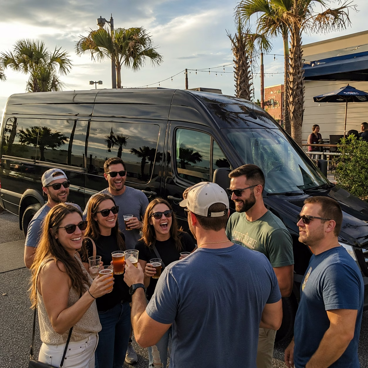 Winery tour pub crawl party bus winery tour party bus sprinter van exterior group brewery stop in Hampton Roads